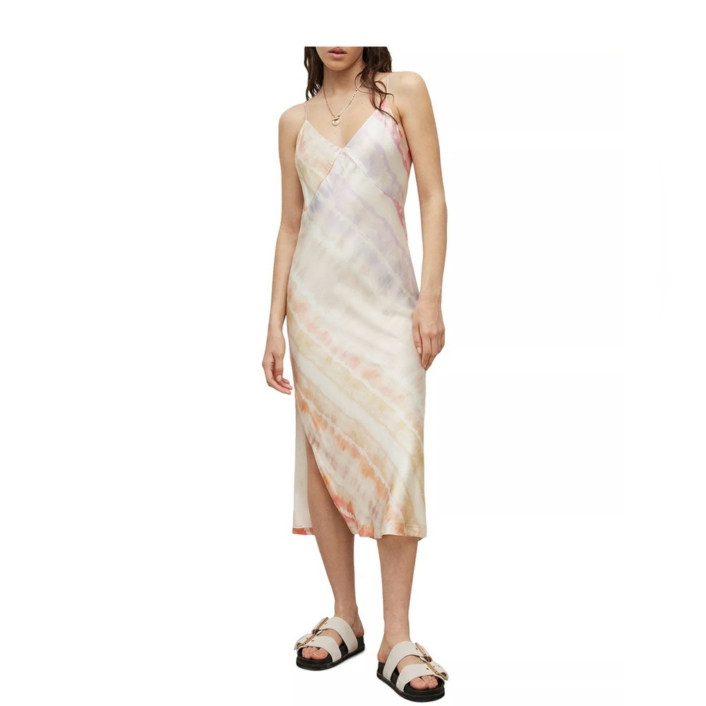 AllSaints Melody Marea Tie Dye Silk Blend Midi Dress - Picture 2 of 5